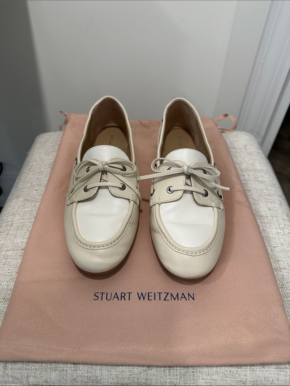Stuart Weitzman Two-Tone Cream and White Leather Loafers